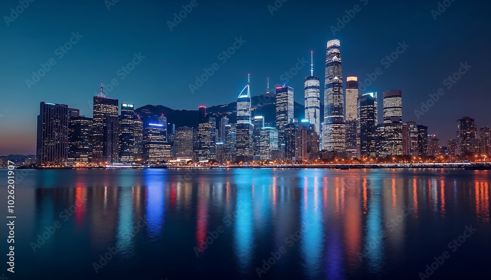 Fototapeta premium A vibrant city skyline at night, with skyscrapers illuminated and reflections on the water