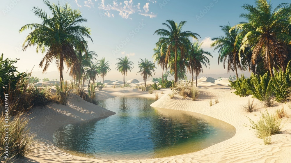 Fototapeta premium A desert oasis with palm trees and a small water body surrounded by sand