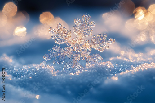 A snowflake is sitting on top of the snow. The snowflake is clear and shiny, and it is surrounded by a blue sky. Concept of calm and serenity