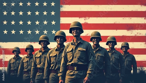 Veterans day background poster with text and USA American flag and soldiers with text Happy Veterans Day