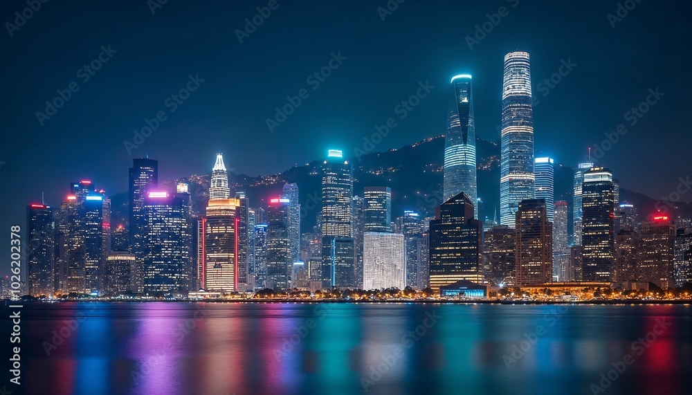 A vibrant city skyline at night, with skyscrapers illuminated and reflections on the water A vibrant city skyline at night, with skyscrapers illuminated and reflections on the water