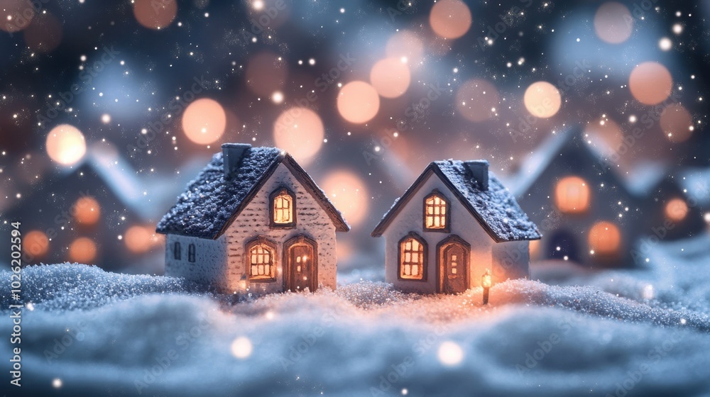 Fototapeta premium A cozy village scene featuring small illuminated houses blanketed in snow, set against a bokeh background of twinkling lights, creating a magical winter atmosphere.