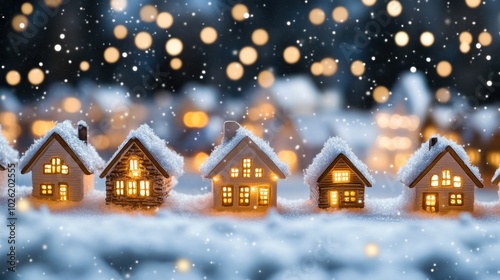 A cozy village scene featuring small illuminated houses blanketed in snow, set against a bokeh background of twinkling lights, creating a magical winter atmosphere.