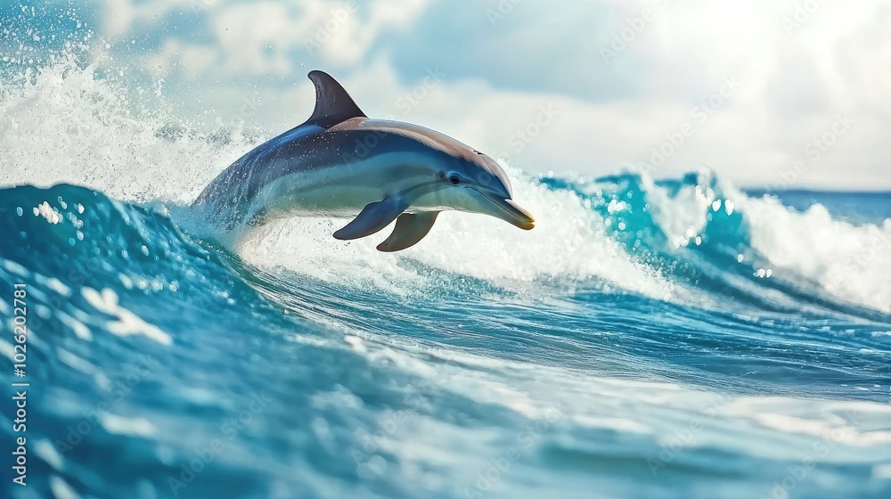 Fototapeta premium A dolphin riding the waves near a sandy beach with gentle surf