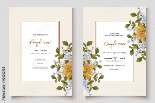 WEDDING INVITATION FRAME WITH FLOWER DECORATIONS WITH FRESH LEAVES 