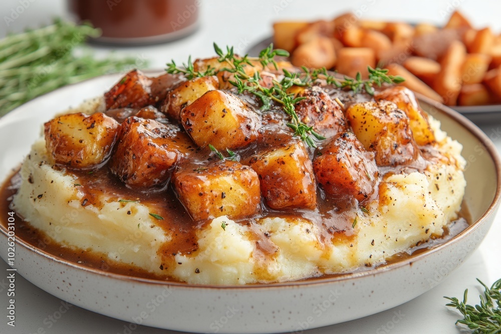 A plate of mashed potatoes with gravy isolated on white background. A plate of mashed potatoes with gravy isolated on white background.