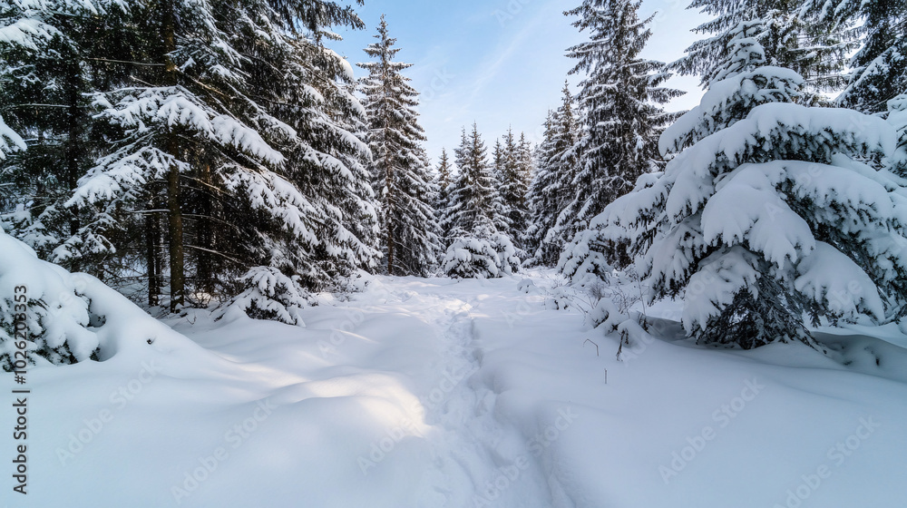 serene winter landscape featuring snow covered path winding through tall evergreen trees. scene evokes sense of tranquility and beauty of nature in winter serene winter landscape featuring snow covered path winding through tall evergreen trees. scene evokes sense of tranquility and beauty of nature in winter