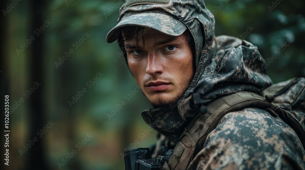 A man in camouflage gear is standing in a forest A man in camouflage gear is standing in a forest