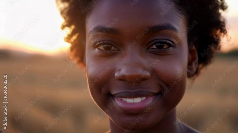 Headshot of a beautiful african girl from a tribe smiling and looking at camera outdoors in africa during sunset Headshot of a beautiful african girl from a tribe smiling and looking at camera outdoors in africa during sunset