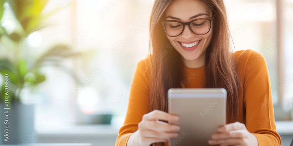 Happy woman using tablet, smiling while working in bright office environment. Her glasses and warm sweater add to cheerful atmosphere Happy woman using tablet, smiling while working in bright office environment. Her glasses and warm sweater add to cheerful atmosphere