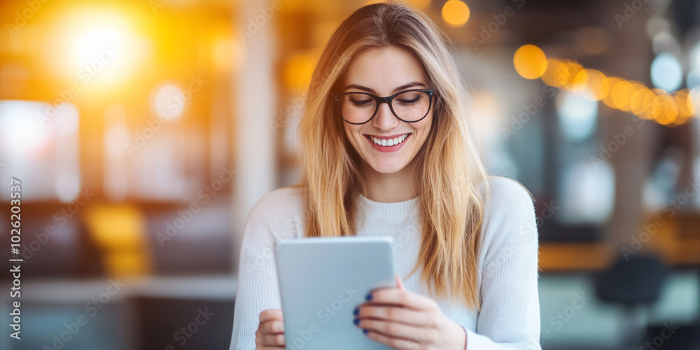 Smiling woman using tablet in bright, modern setting, showcasing happiness and engagement with technology. warm lighting adds cheerful atmosphere to scene Smiling woman using tablet in bright, modern setting, showcasing happiness and engagement with technology. warm lighting adds cheerful atmosphere to scene