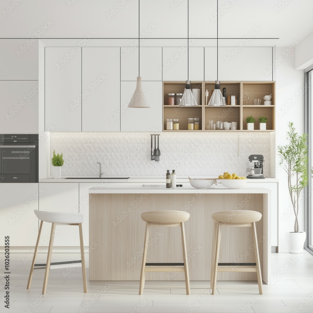 Fototapeta premium Cucina moderna minimalista, caratterizzata da linee pulite e tonalità neutre. Luminosa e spaziosa, perfetta combinazione di estetica e funzionalità.