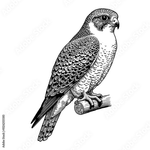 Falcon Perched on Branch in Detailed Black and White Outline Line Art Drawing Illustration
