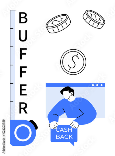 Man holding a cash back sign above a measurement scale labeled BUFFER and coins. Ideal for finance, savings, budgeting, cashback rewards, and financial planning. Modern, clean, sleek