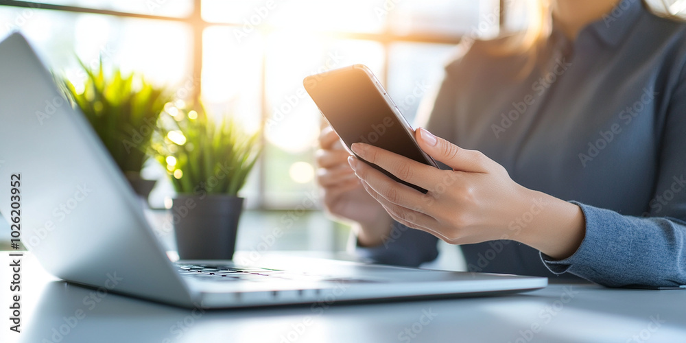 Obraz premium successful businesswoman is using smartphone while sitting at modern desk with laptop and potted plants. bright sunlight creates warm and productive atmosphere