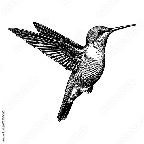 Hummingbird Head Portrait Detailed Black and White Outline Line Art Drawing with Wings Spread