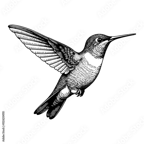 Hummingbird in Flight with Detailed Black and White Outline Line Art Drawing Side View
