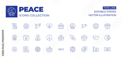 Peace icons collection. Thin Line icons, editable stroke. world peace, global harmony, anti-war movements, disarmament, peace treaties