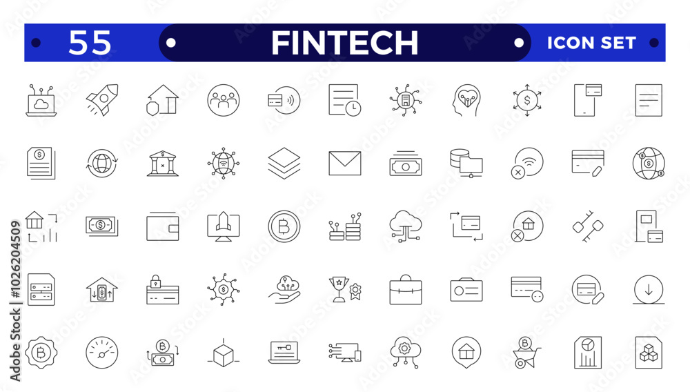 Fintech outline icon set. Containing digital banking, cryptocurrency, mobile payment, regtech, blockchain, robo-advisors, financial services and more. Fintech outline icon set. Containing digital banking, cryptocurrency, mobile payment, regtech, blockchain, robo-advisors, financial services and more.