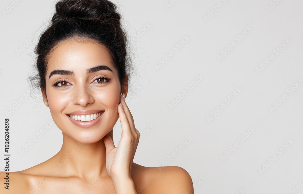 A beautiful Lebanese woman in her late 30s with her hair in a loose bun, smiling gracefully and gently touching her cheek, skin care concept A beautiful Lebanese woman in her late 30s with her hair in a loose bun, smiling gracefully and gently touching her cheek, skin care concept