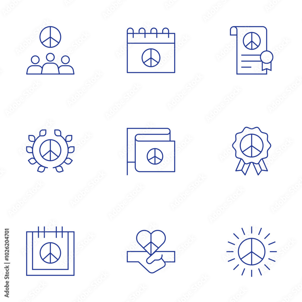 Peace icons set. Thin Line style, editable stroke. peace symbols, doves, olive branches, peace signs, unity symbols Peace icons set. Thin Line style, editable stroke. peace symbols, doves, olive branches, peace signs, unity symbols