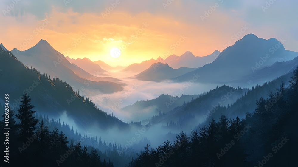 Mountain landscape with a foggy valley and bright sun rising. 
