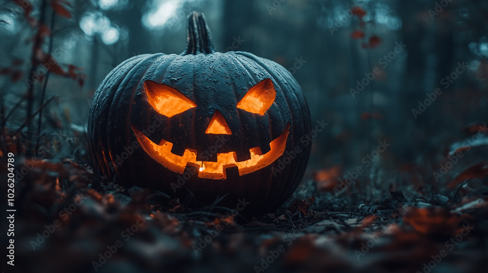 Glowing jack-o'-lantern with a scary carved face Glowing jack-o'-lantern with a scary carved face