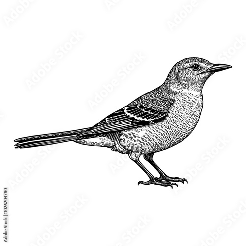 Mockingbird with Side View in Vintage Black and White Outline Line Art Drawing