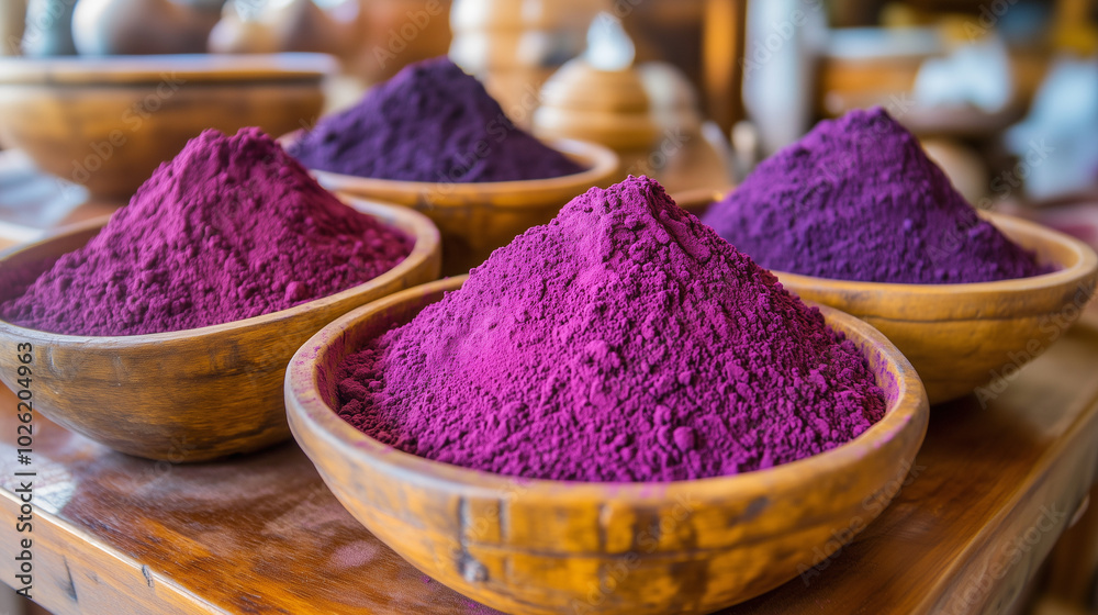 Wooden bowls with purple powder of different shades, piled up inside at the eastern market, antiquity, Phoenicia