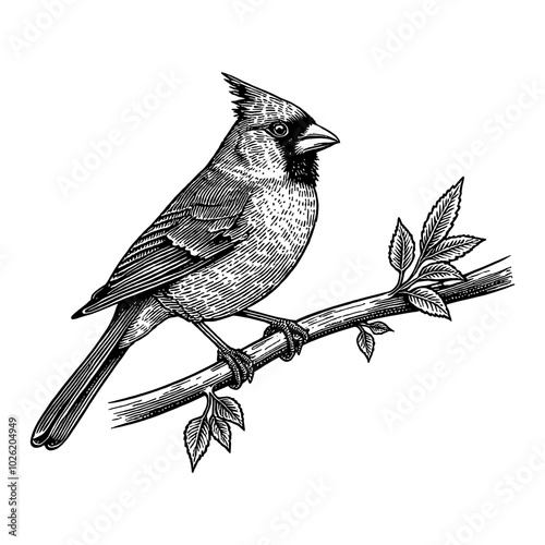 Northern Cardinal Perched on Branch in Detailed Black and White Outline Line Art Drawing