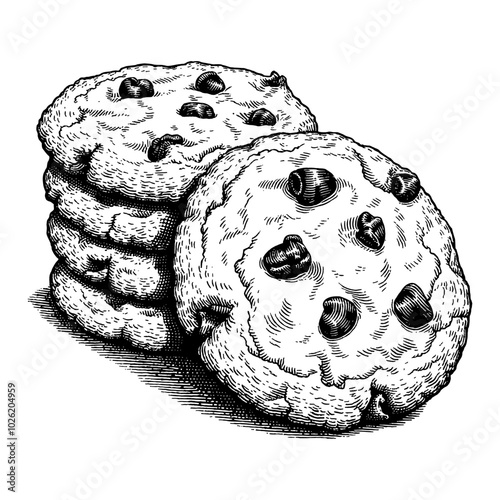 Oatmeal Raisin Cookies in Detailed Black and White Outline Line Art Drawing with Isolated View