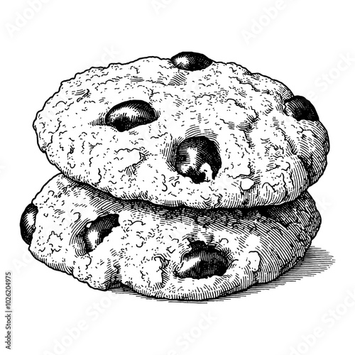 Oatmeal Raisin Cookies in Detailed Black and White Outline Line Art Drawing with Engraved Texture