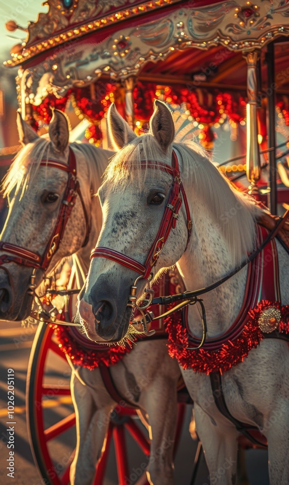 Two white horses are standing next to each other in front of a red carriage Two white horses are standing next to each other in front of a red carriage