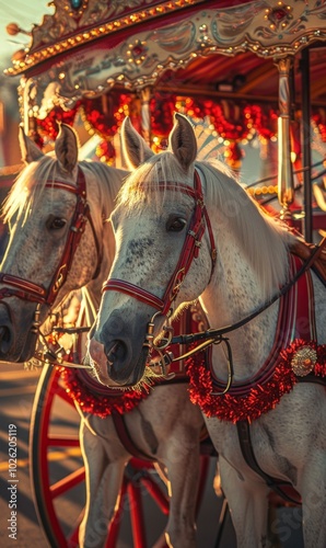 Two white horses are standing next to each other in front of a red carriage