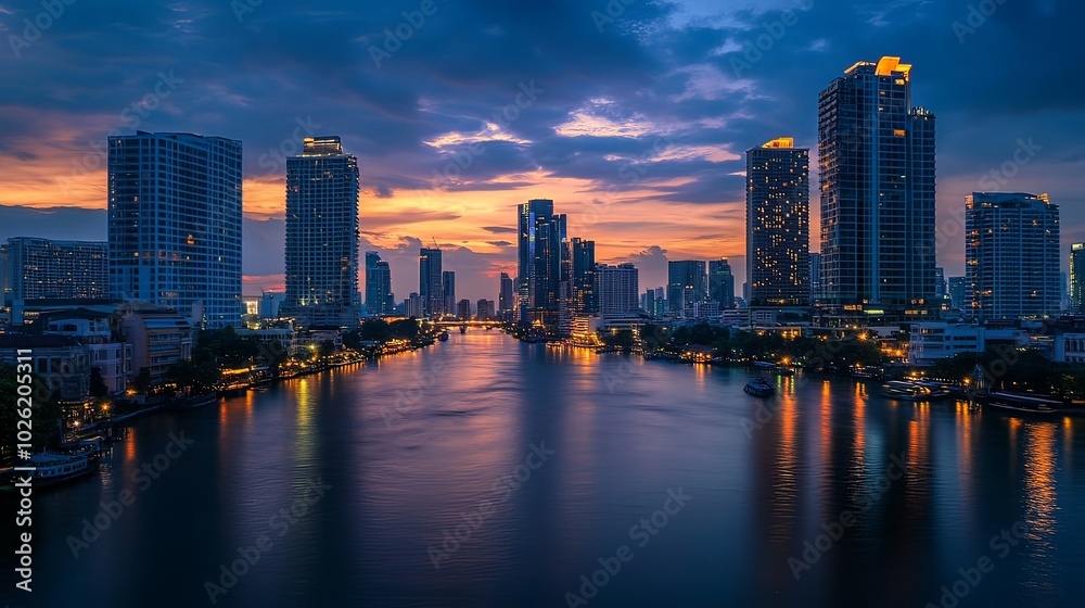 Fototapeta premium City street at night, illuminated by streetlights and car headlights.