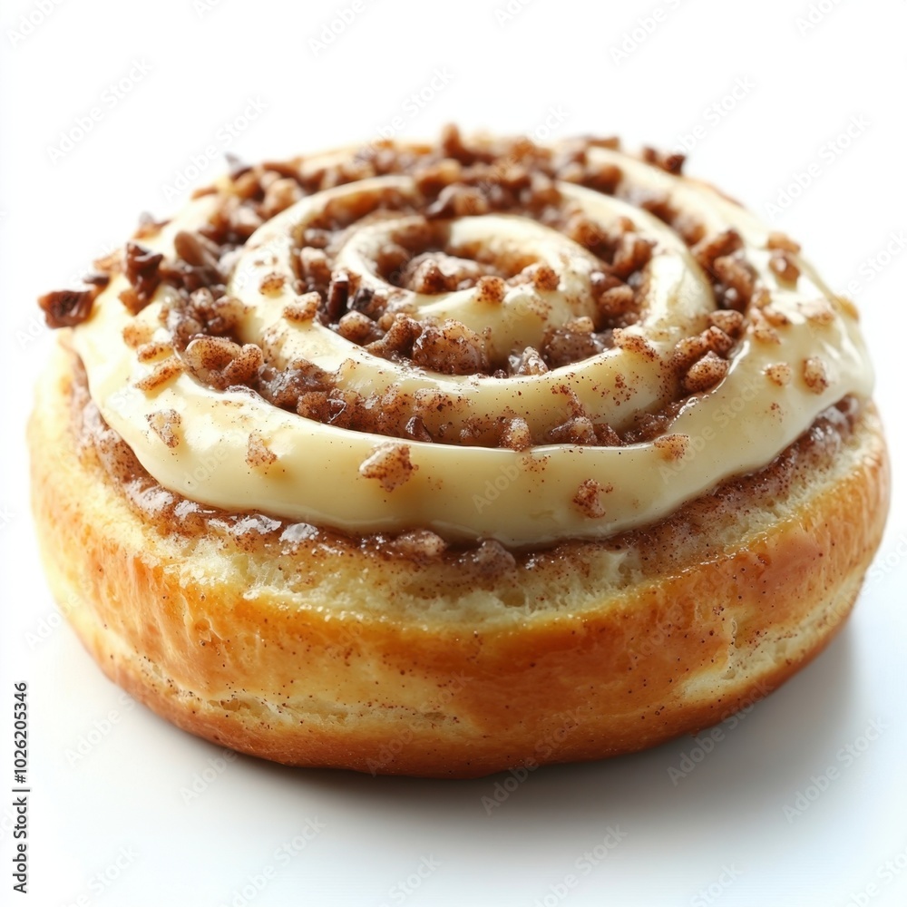 Fototapeta premium A single cinnamon roll with frosting isolated on white background.