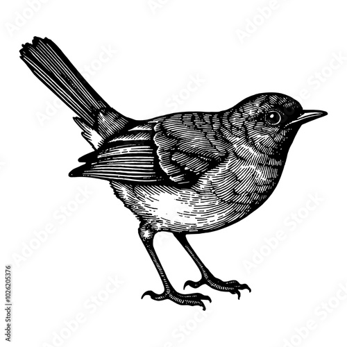 Robin Bird Side View in Detailed Black and White Outline Line Art Drawing Style