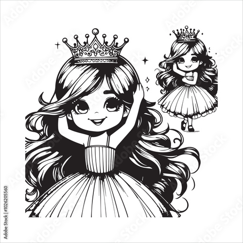 Cheerful little girl with long brunette hair in tulle skirt holding princess crown vector illustration silhouetet