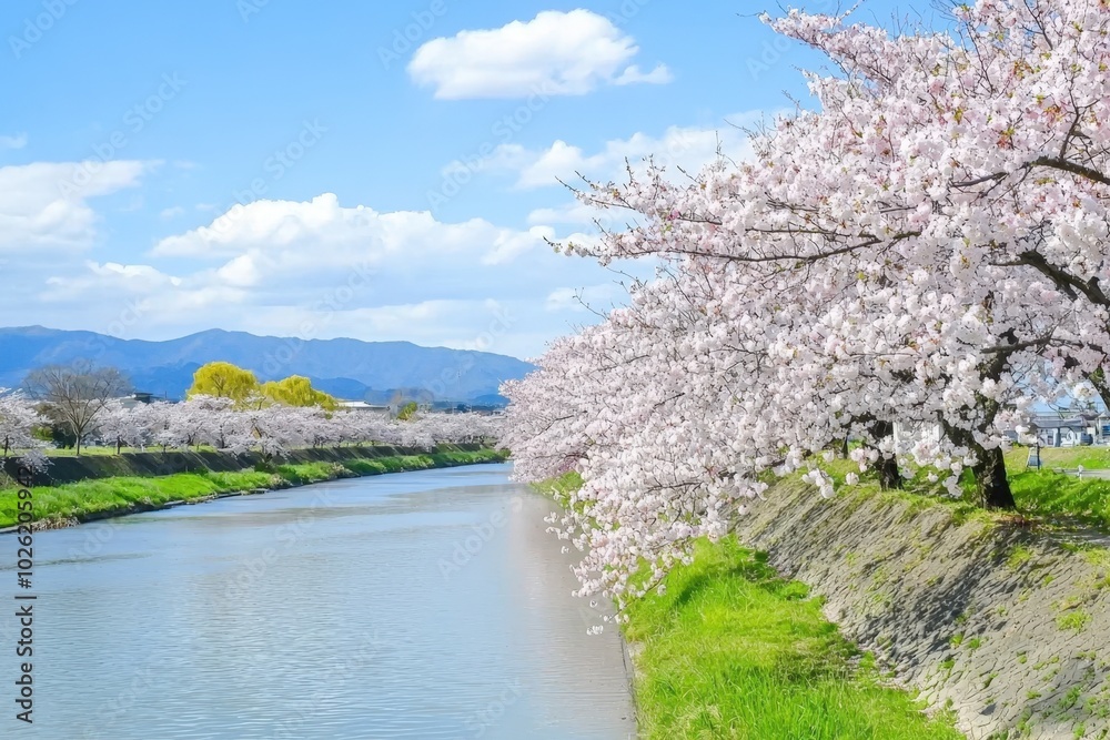 Blossoming cherry trees line the serene riverbank under a bright blue sky in springtime Blossoming cherry trees line the serene riverbank under a bright blue sky in springtime