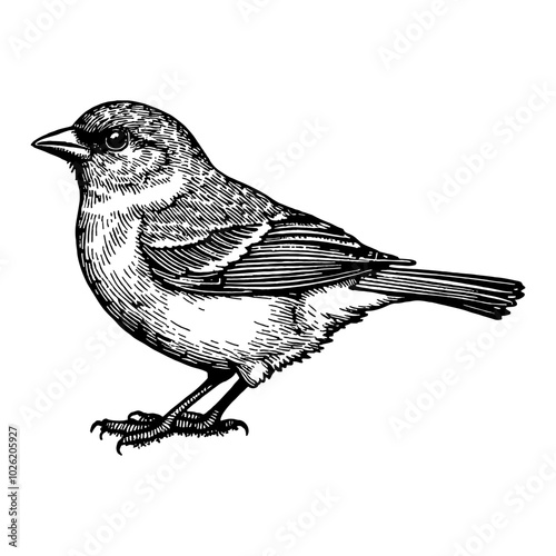 Sparrow Bird Profile in Vintage Detailed Black and White Outline Line Art Drawing photo