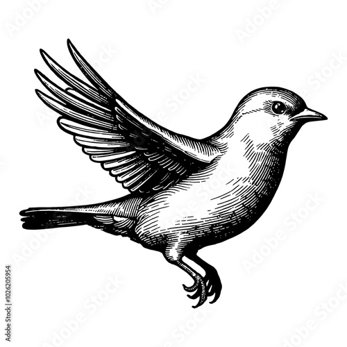 Sparrow Bird in Flight Detailed Black and White Outline Line Art Drawing with Spread Wings