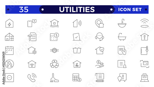 Public utilities web icons in outline style. Rent receipt, electricity, water, gas, garage, heating, Water, Fuel, Electricity, Solar House, Maintenance  collection.
