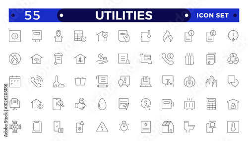Public utilities web icons in outline style. Rent receipt, electricity, water, gas, garage, heating, Water, Fuel, Electricity, Solar House, Maintenance  collection.