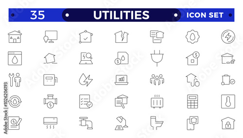 Public utilities web icons in outline style. Rent receipt, electricity, water, gas, garage, heating, Water, Fuel, Electricity, Solar House, Maintenance  collection.
