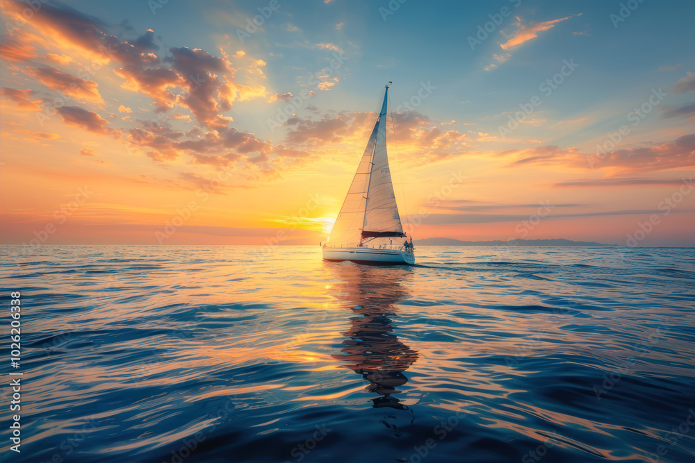 Fototapeta premium Sailing Into the Sunset Over Calm Waters, a Serene Journey at Twilight From a Coastal Paradise
