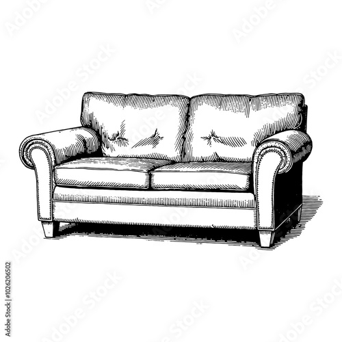 Vintage Couch in Detailed Black and White Outline Line Art Drawing with Classic Style