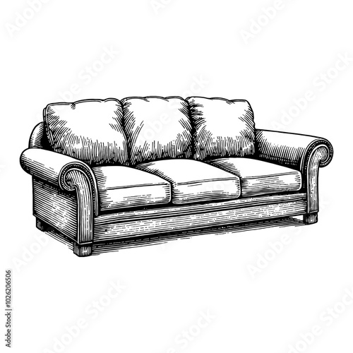 Vintage Couch with Classic Style in Detailed Black and White Outline Line Art Drawing Illustration