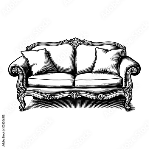 Vintage Couch Classic Design in Detailed Black and White Outline Line Art Drawing Illustration