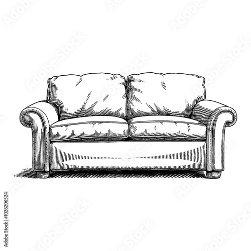 Vintage Couch with Detailed Features Black and White Outline Line Art Drawing Illustration