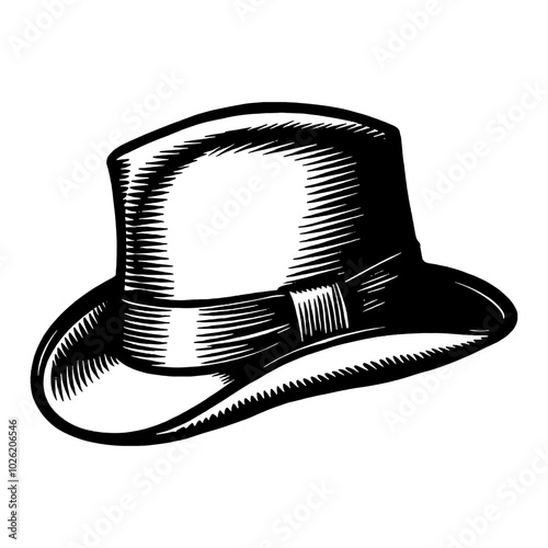Vintage Derby Hat Depiction in Detailed Black and White Outline Line Art Drawing